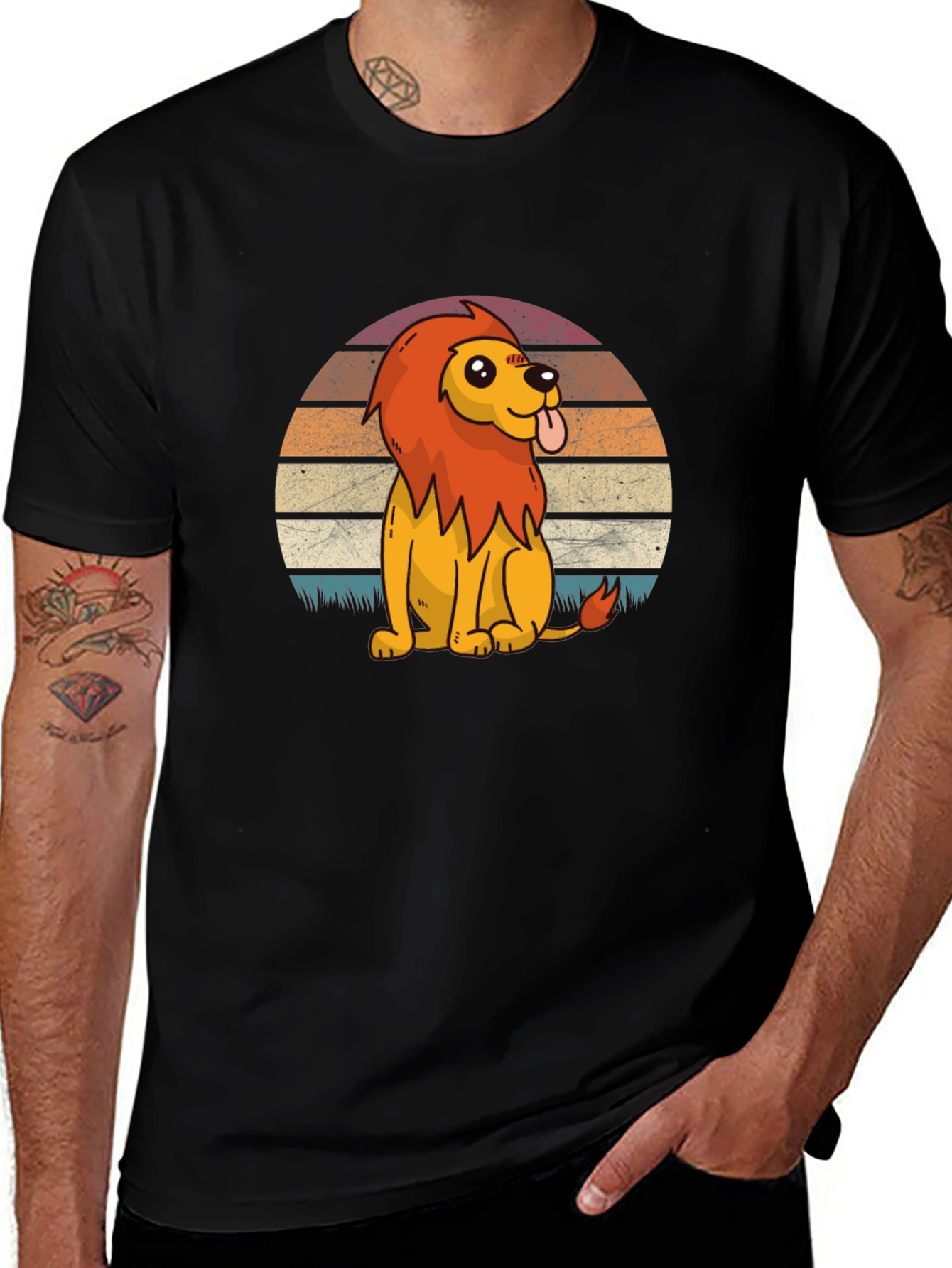 Cute Cartoon Lion Graphic Tee - Black