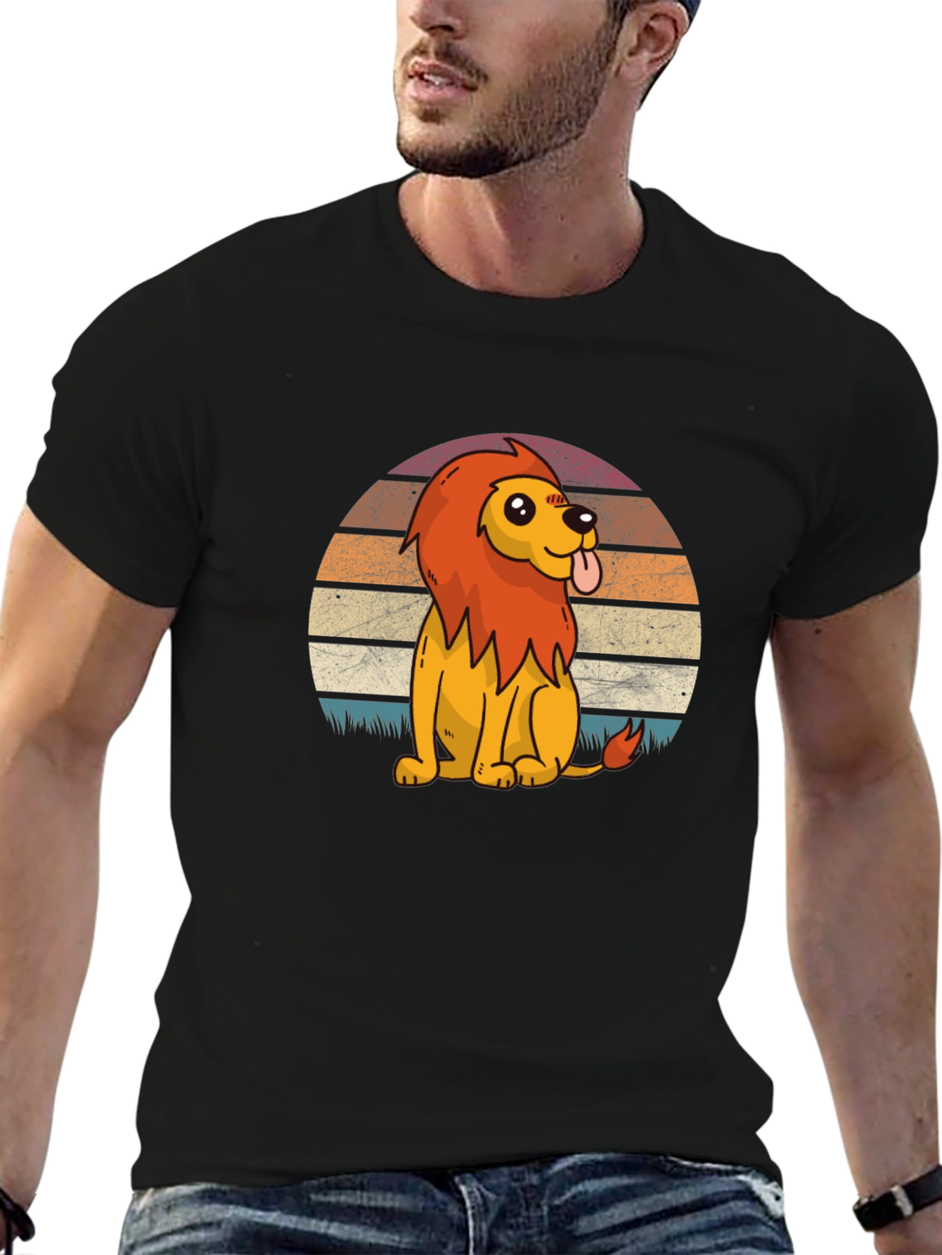 Cute Cartoon Lion Graphic Tee - Black