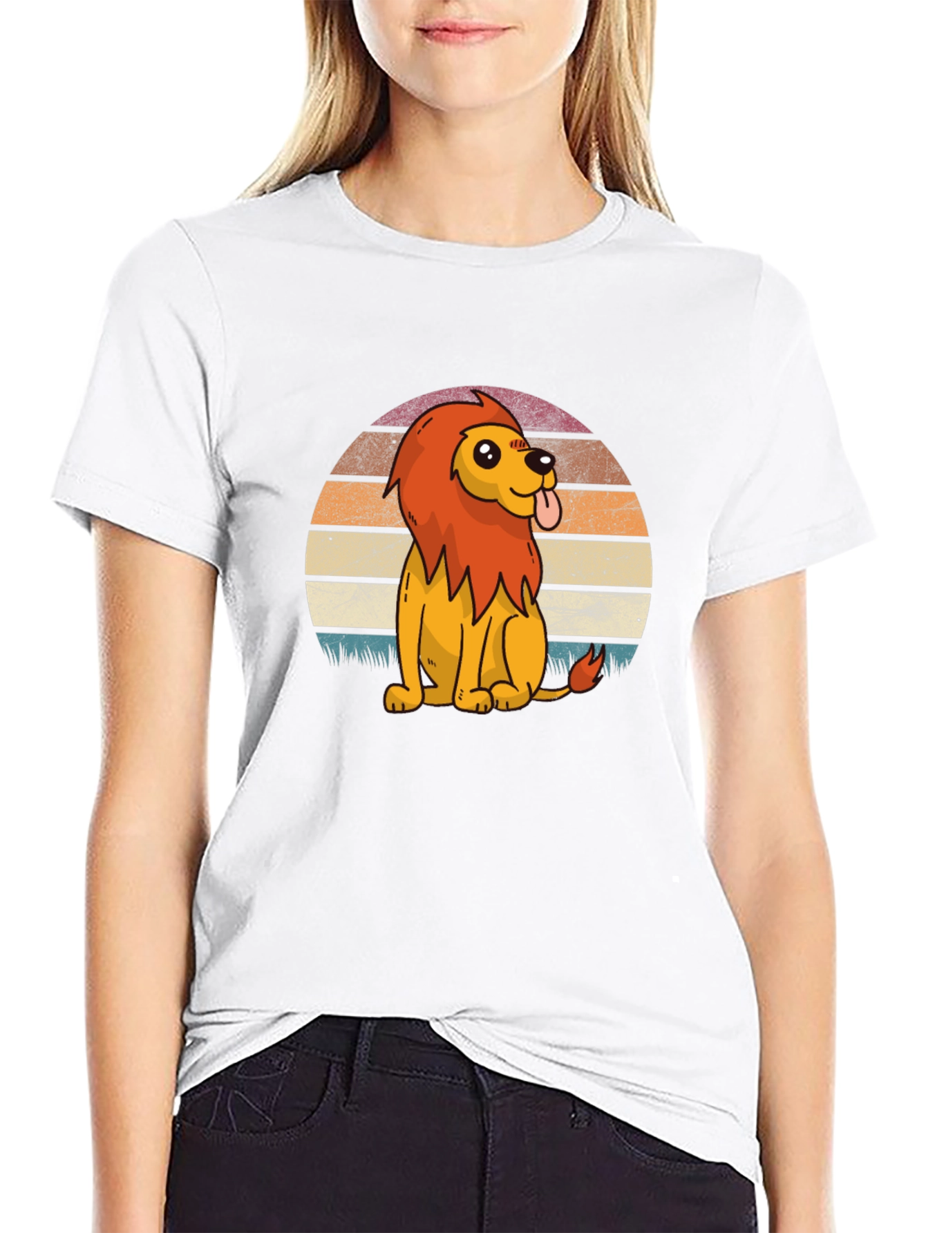 Cute Cartoon Lion Graphic Tee - Black