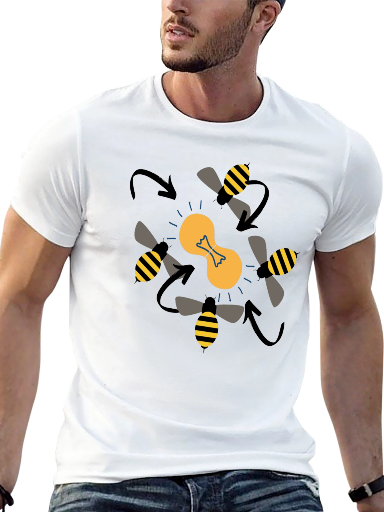 Bees Around Lightbulb Graphic Tee - Black Cotton T-Shirt
