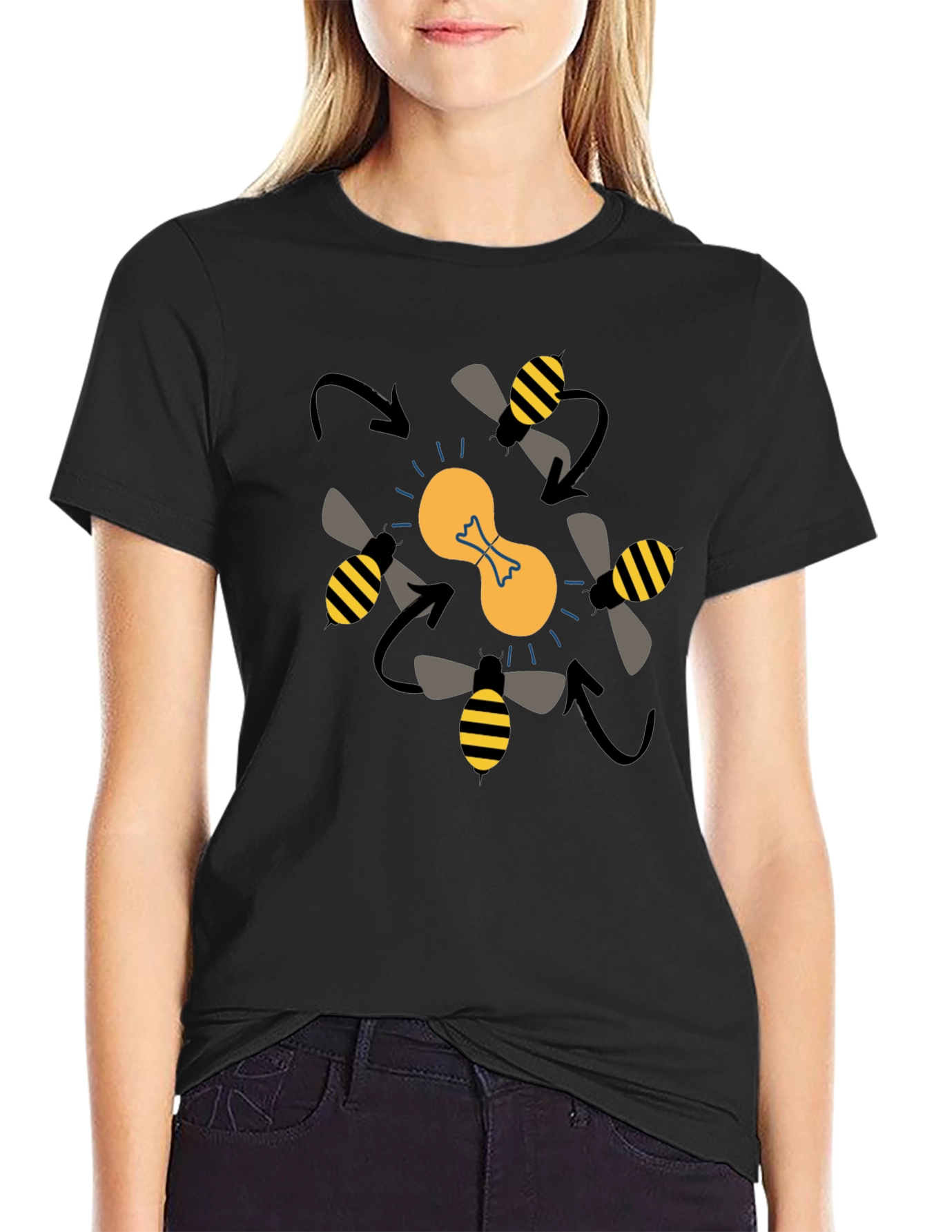 Bees Around Lightbulb Graphic Tee - Black Cotton T-Shirt