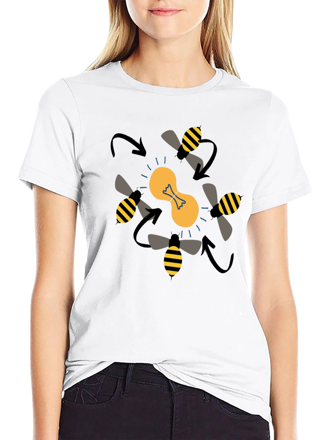 Bees Around Lightbulb Graphic Tee - Black Cotton T-Shirt