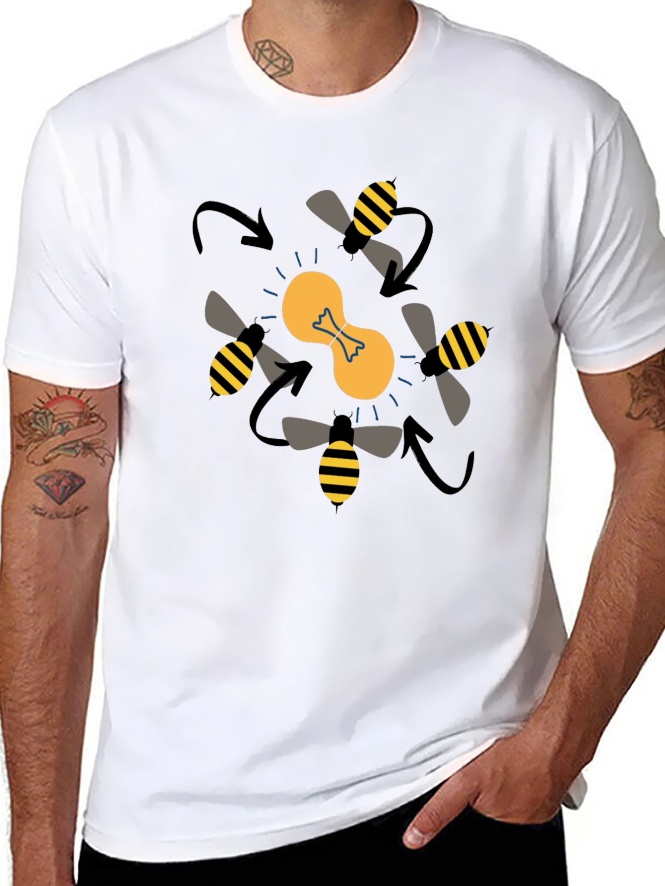 Bees Around Lightbulb Graphic Tee - Black Cotton T-Shirt
