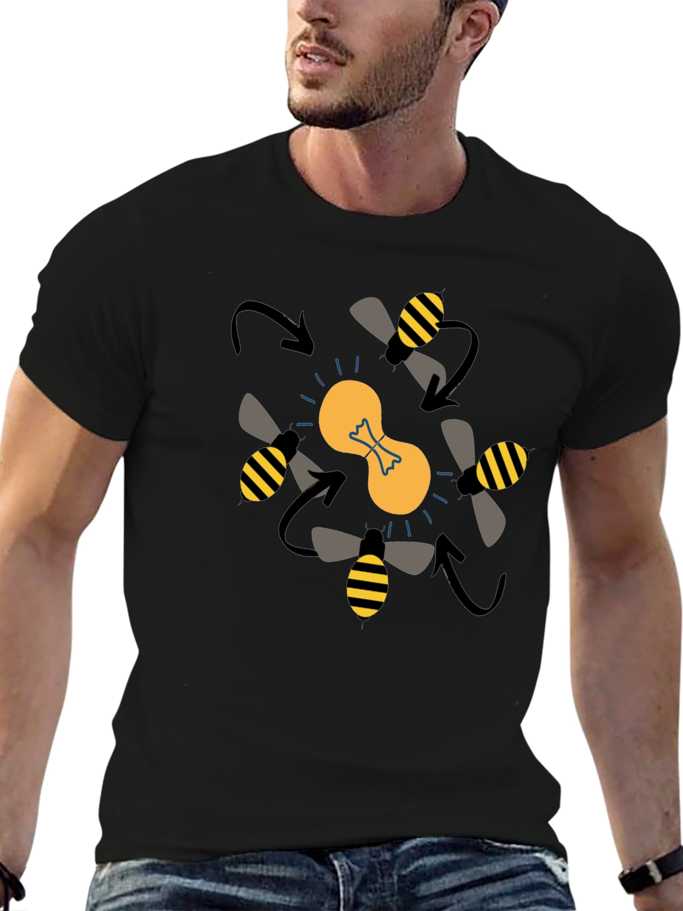 Bees Around Lightbulb Graphic Tee - Black Cotton T-Shirt