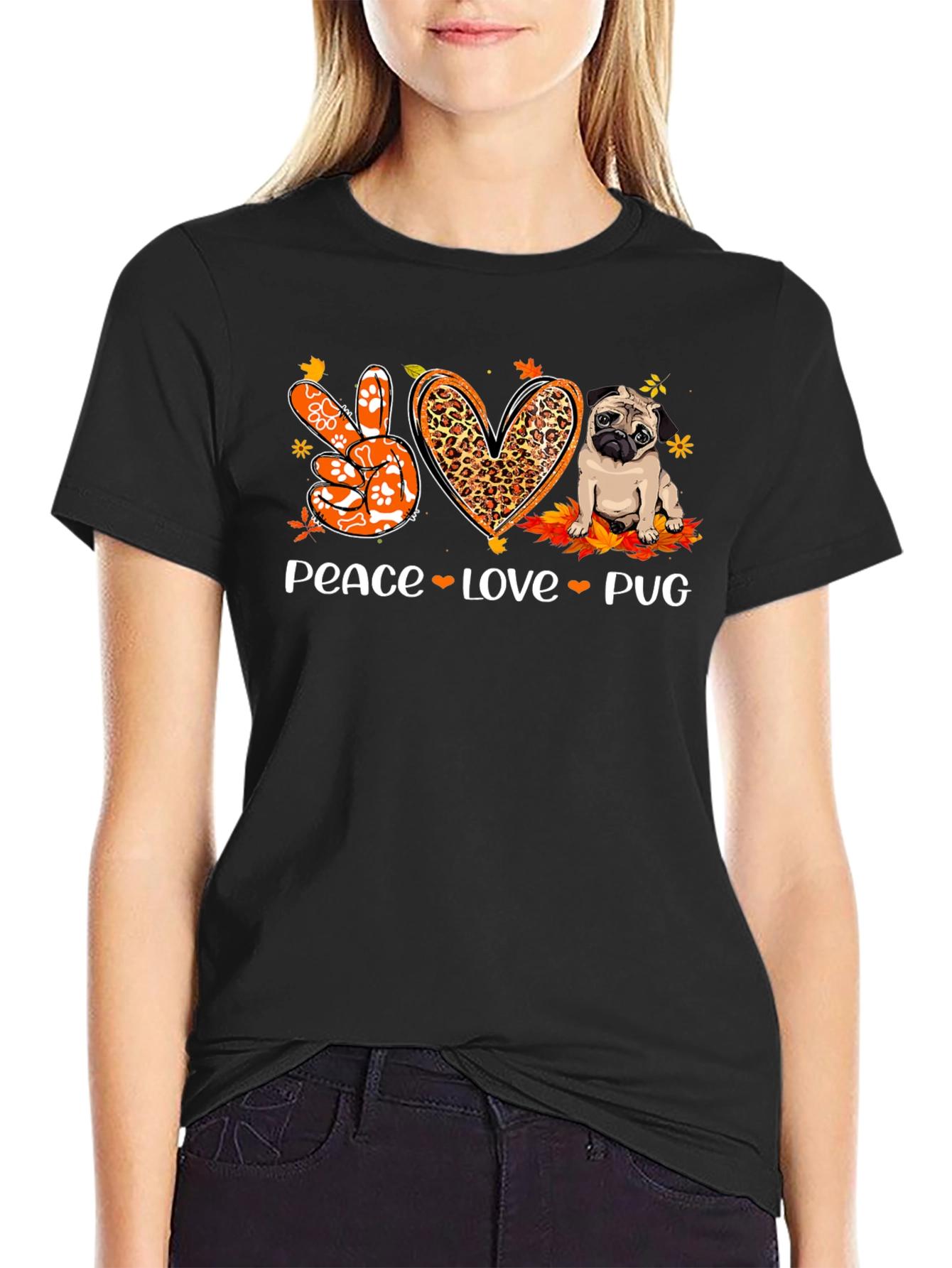 Peace Love Pug Black Graphic Tee