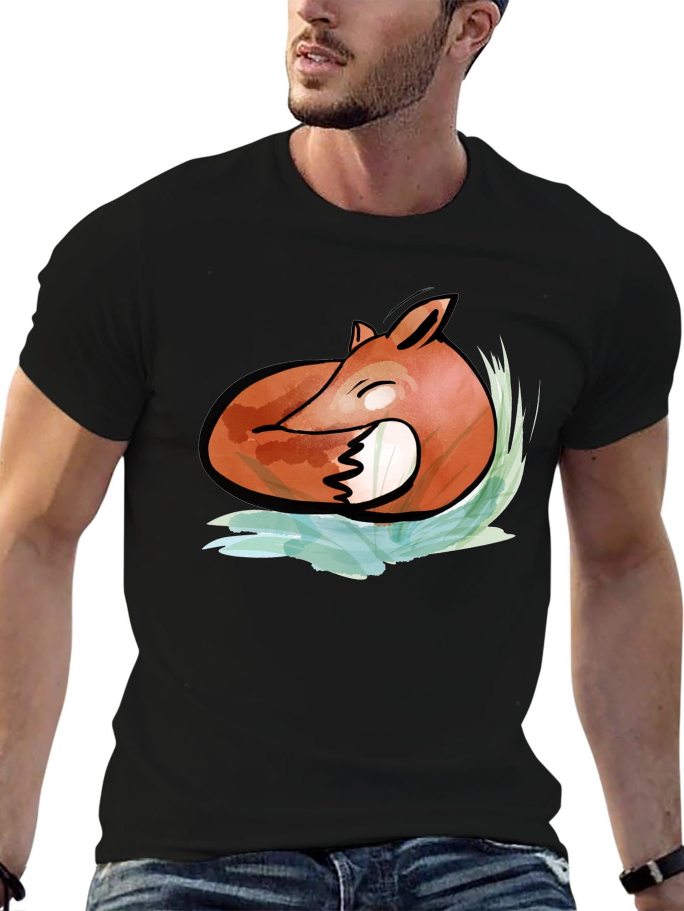 Mens Black Fox Graphic Tee - Artistic Design