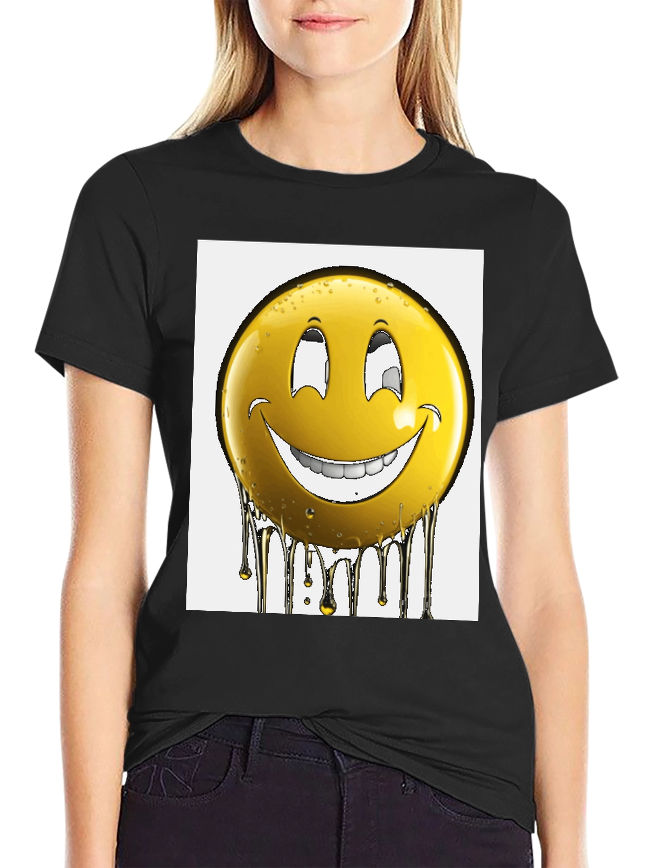 Smiley Face Drip Graphic T-Shirt - Black
