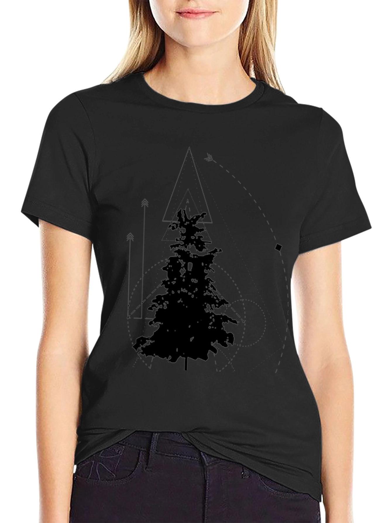 Geometric Pine Tree Graphic Tee - Black
