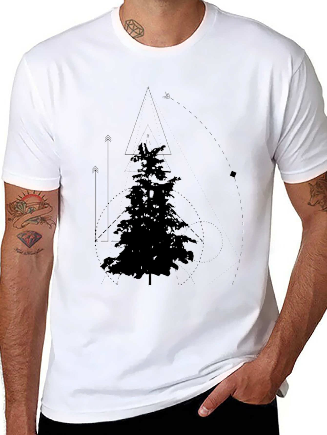 Geometric Pine Tree Graphic Tee - Black