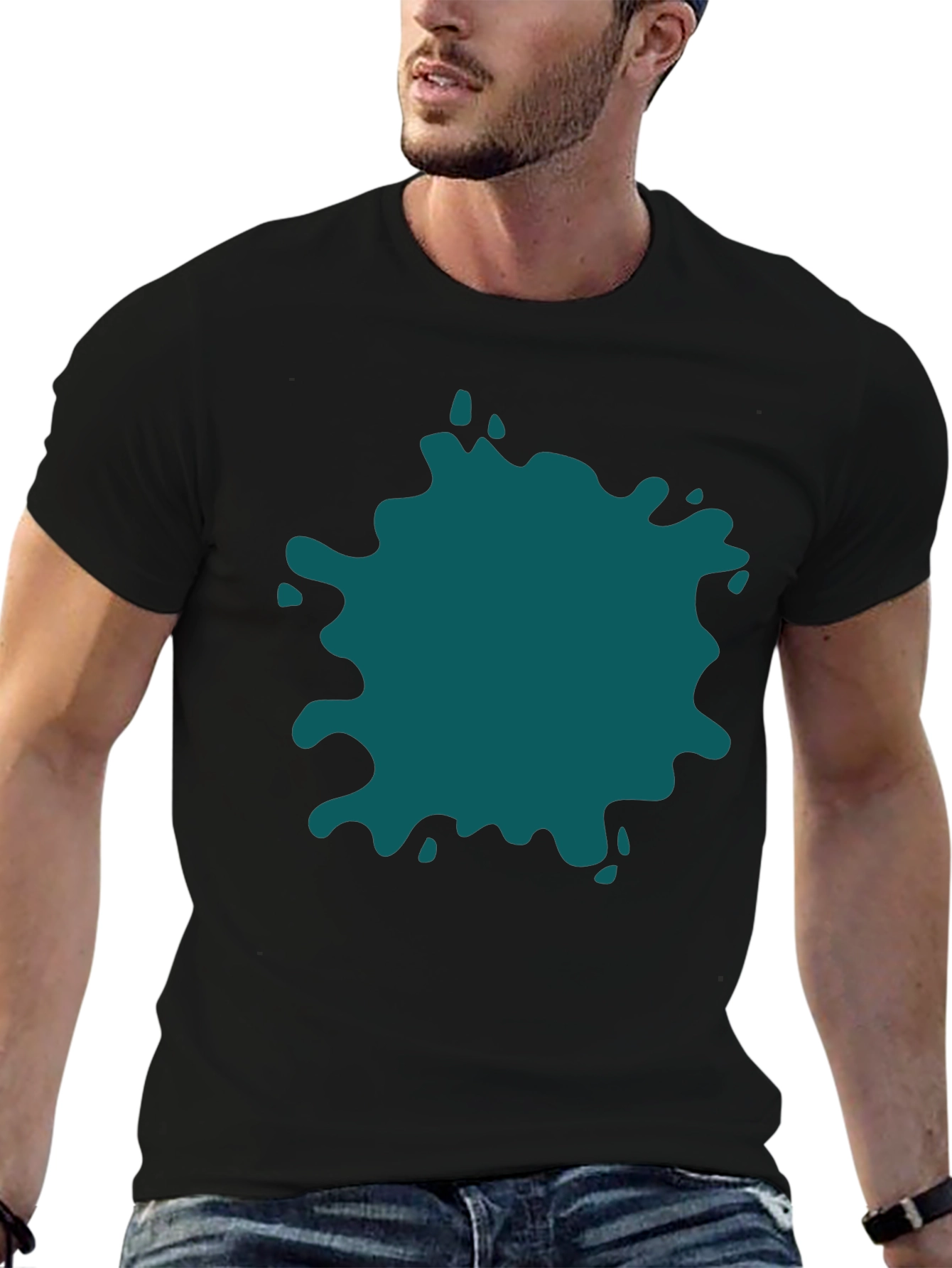Bold Teal Splatter Black T-Shirt - Unique Design