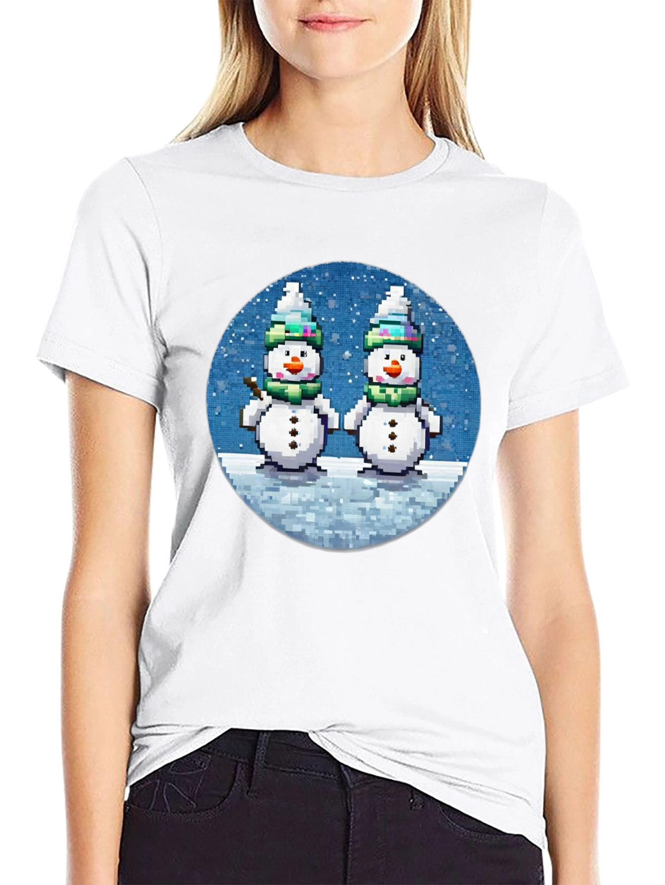 Pixelated Snowman Graphic Tee - Winter Holiday Shirt