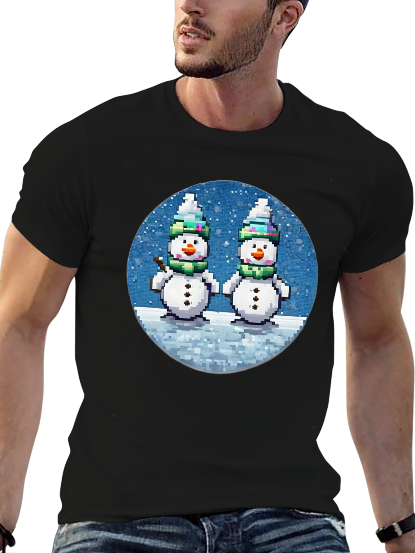 Pixelated Snowman Graphic Tee - Winter Holiday Shirt