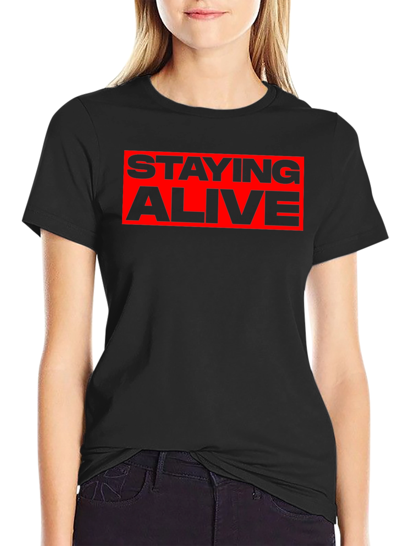 Staying Alive Graphic Tee - Bold Red Print