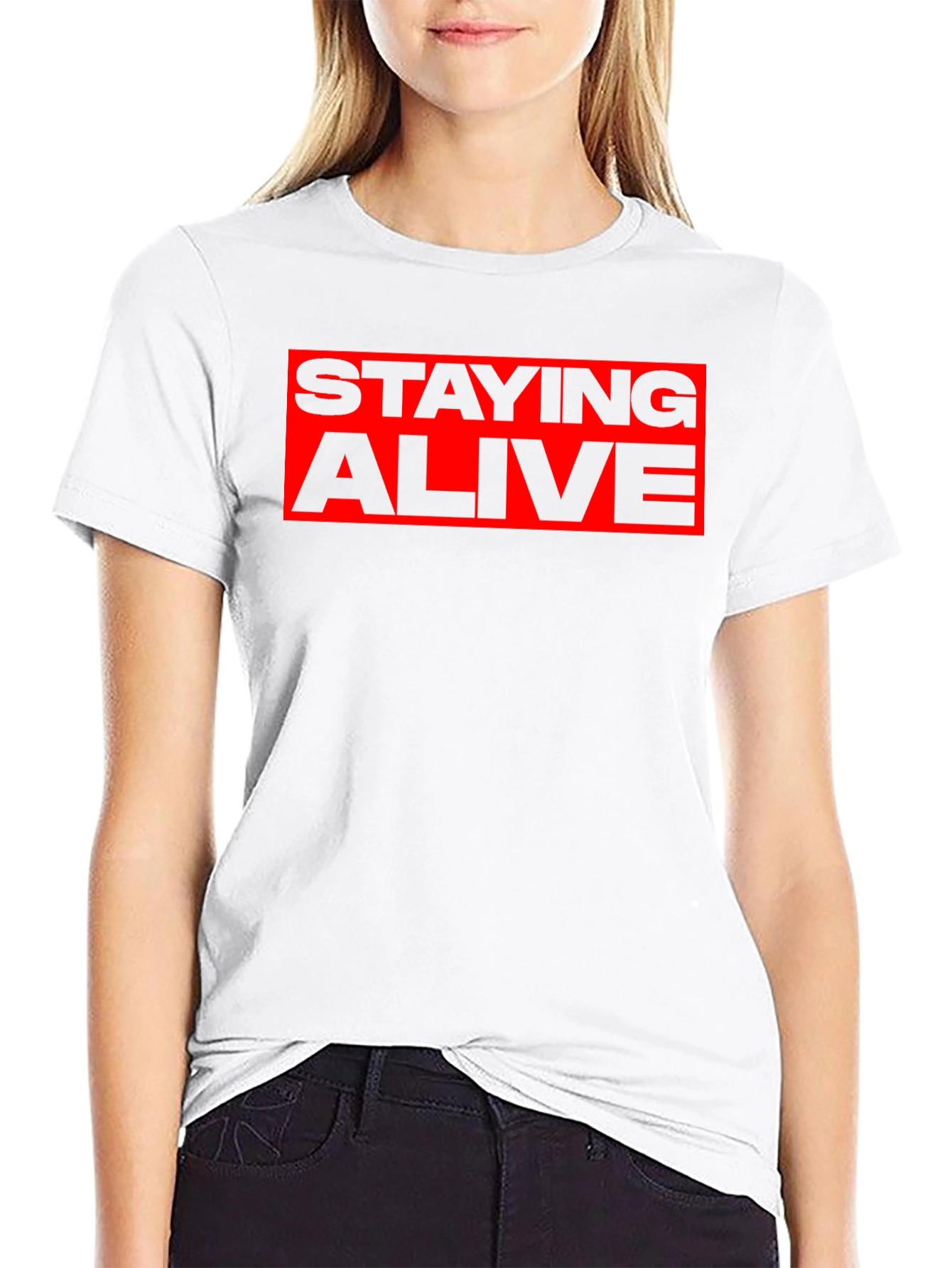 Staying Alive Graphic Tee - Bold Red Print