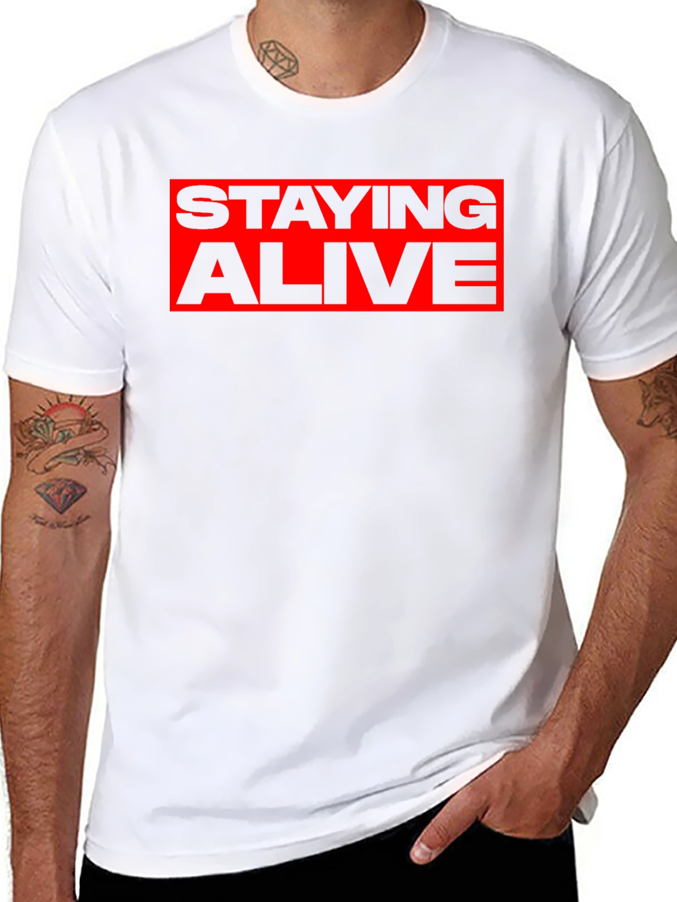 Staying Alive Graphic Tee - Bold Red Print