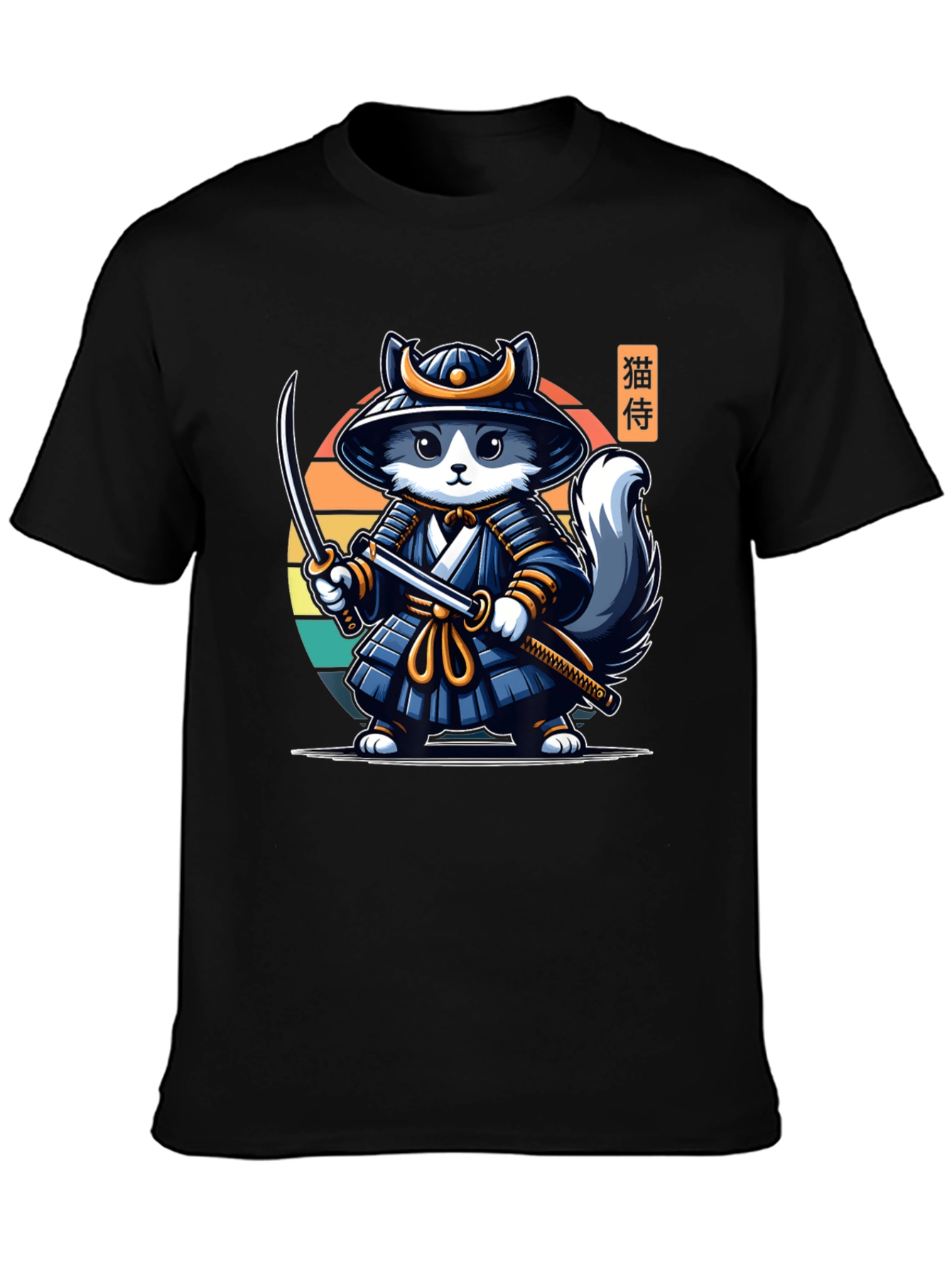 Samurai Cat T-Shirt - Black Crew Neck