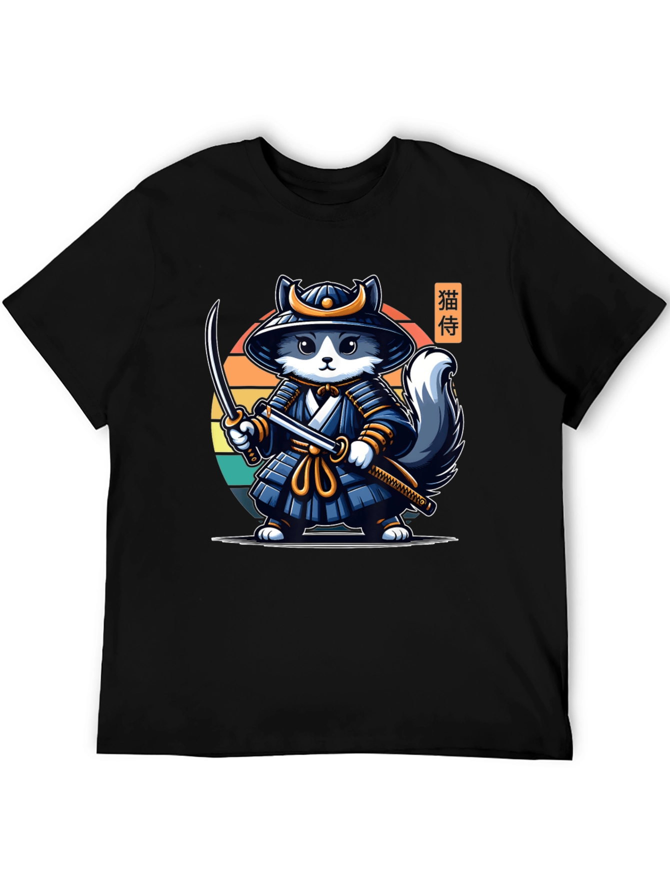 Samurai Cat T-Shirt - Black Crew Neck