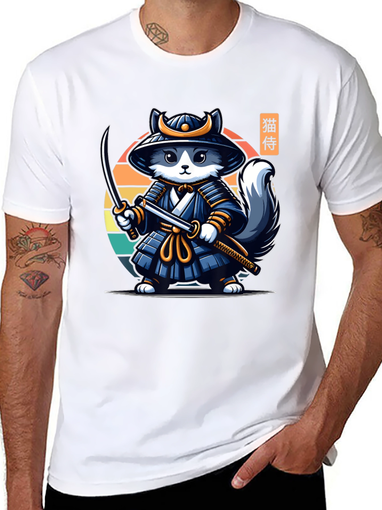 Samurai Cat T-Shirt - Black Crew Neck