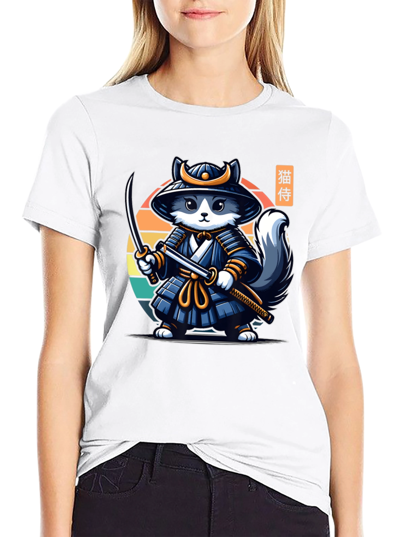Samurai Cat T-Shirt - Black Crew Neck