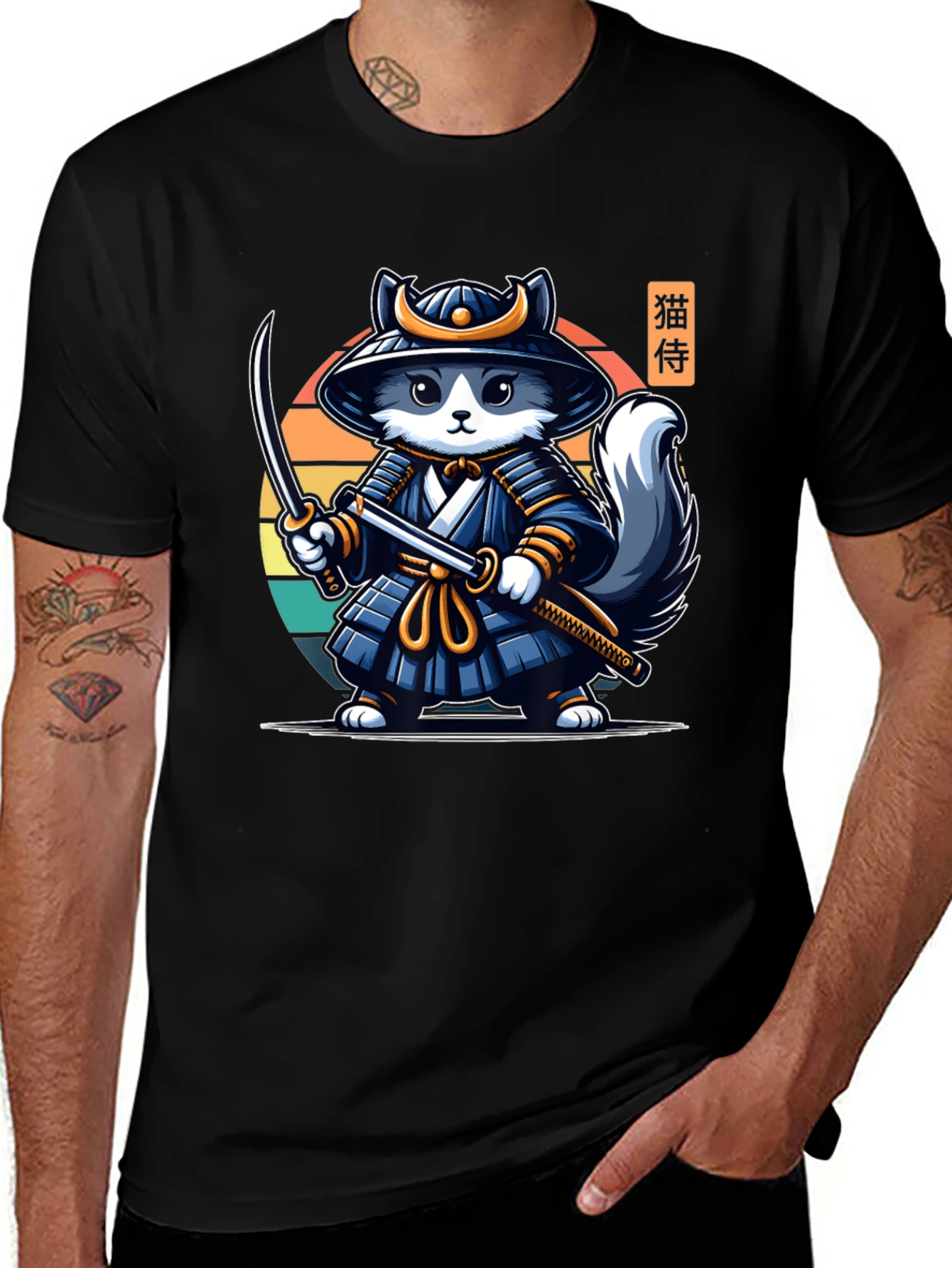Samurai Cat T-Shirt - Black Crew Neck