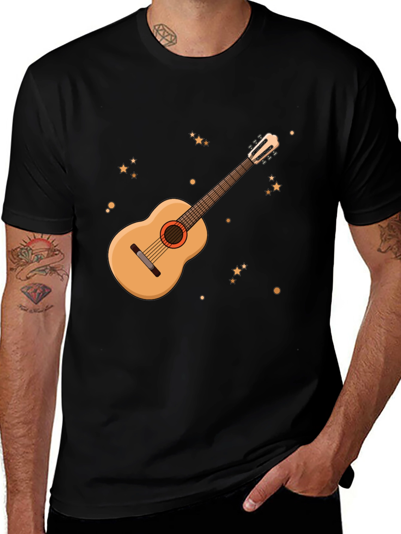 Guitar Graphic Tee - Black Cotton Blend T-Shirt