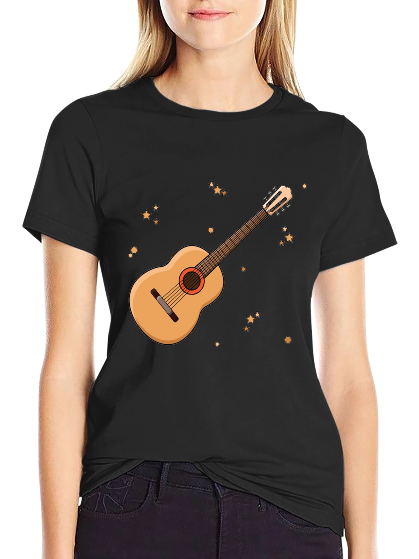 Guitar Graphic Tee - Black Cotton Blend T-Shirt