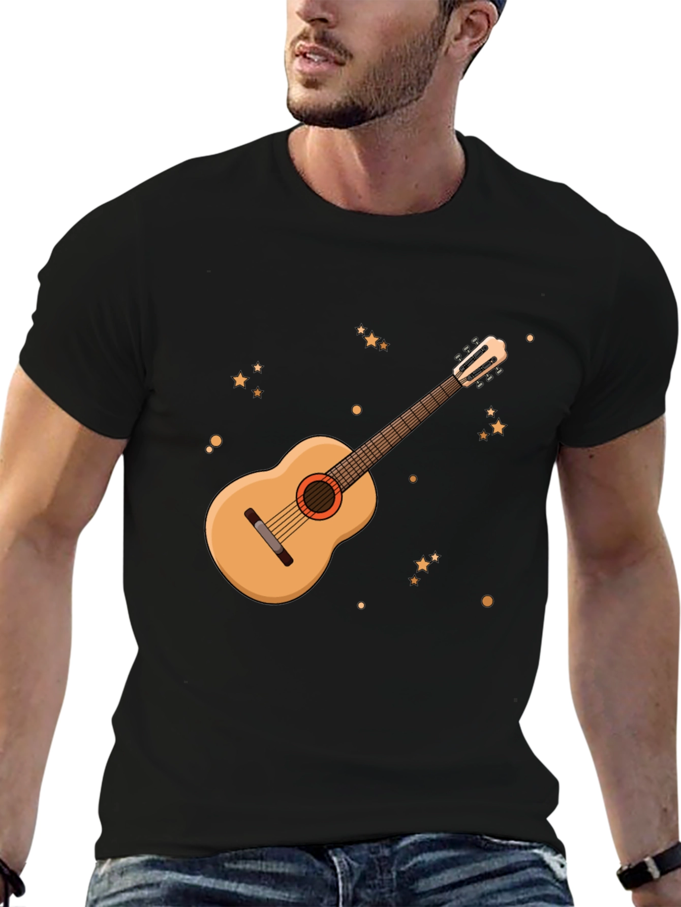 Guitar Graphic Tee - Black Cotton Blend T-Shirt