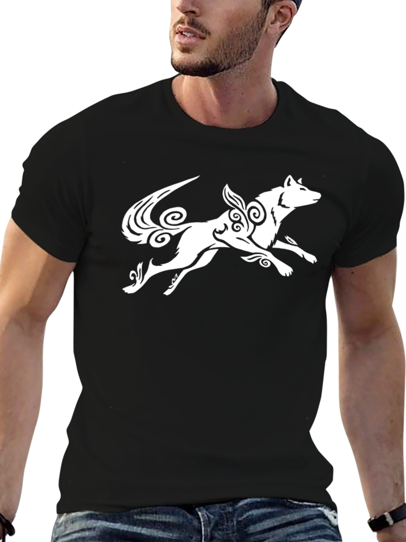Wolf Graphic Tee - Black Cotton Blend Casual Shirt