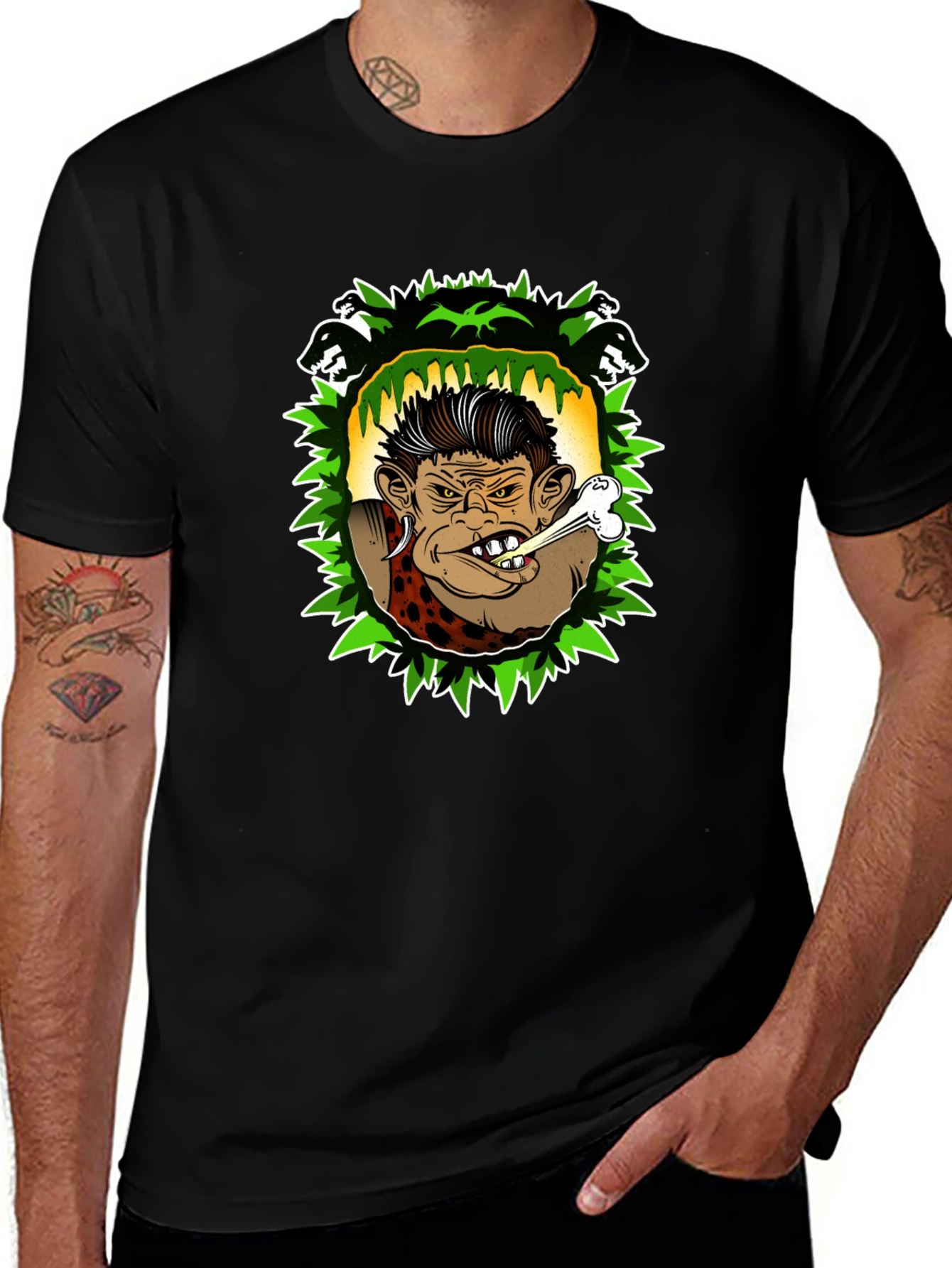 Caveman Cartoon Graphic Black T-Shirt