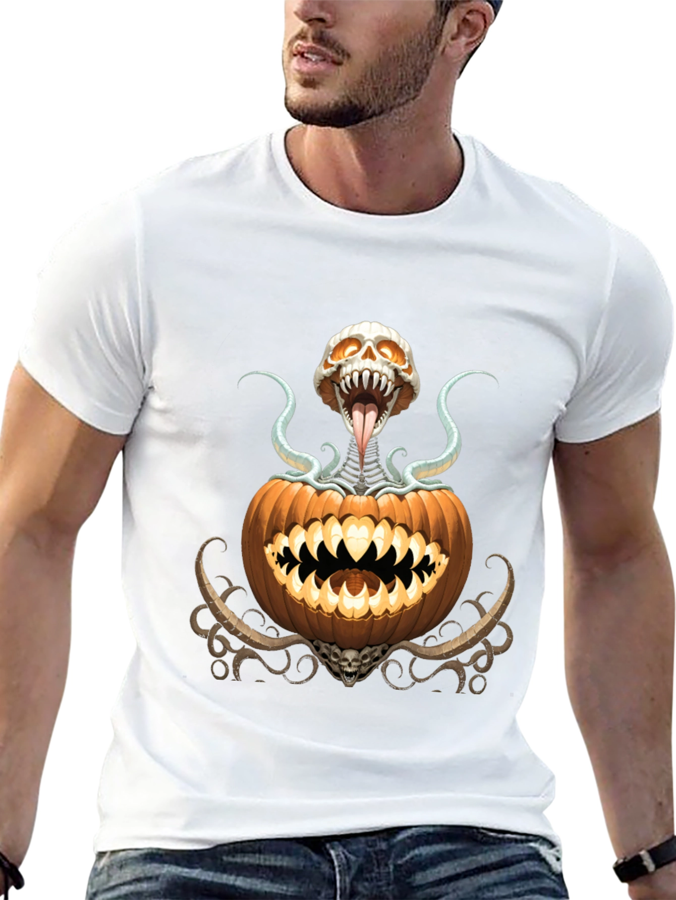 Spooky Pumpkin Skeleton Graphic T-Shirt