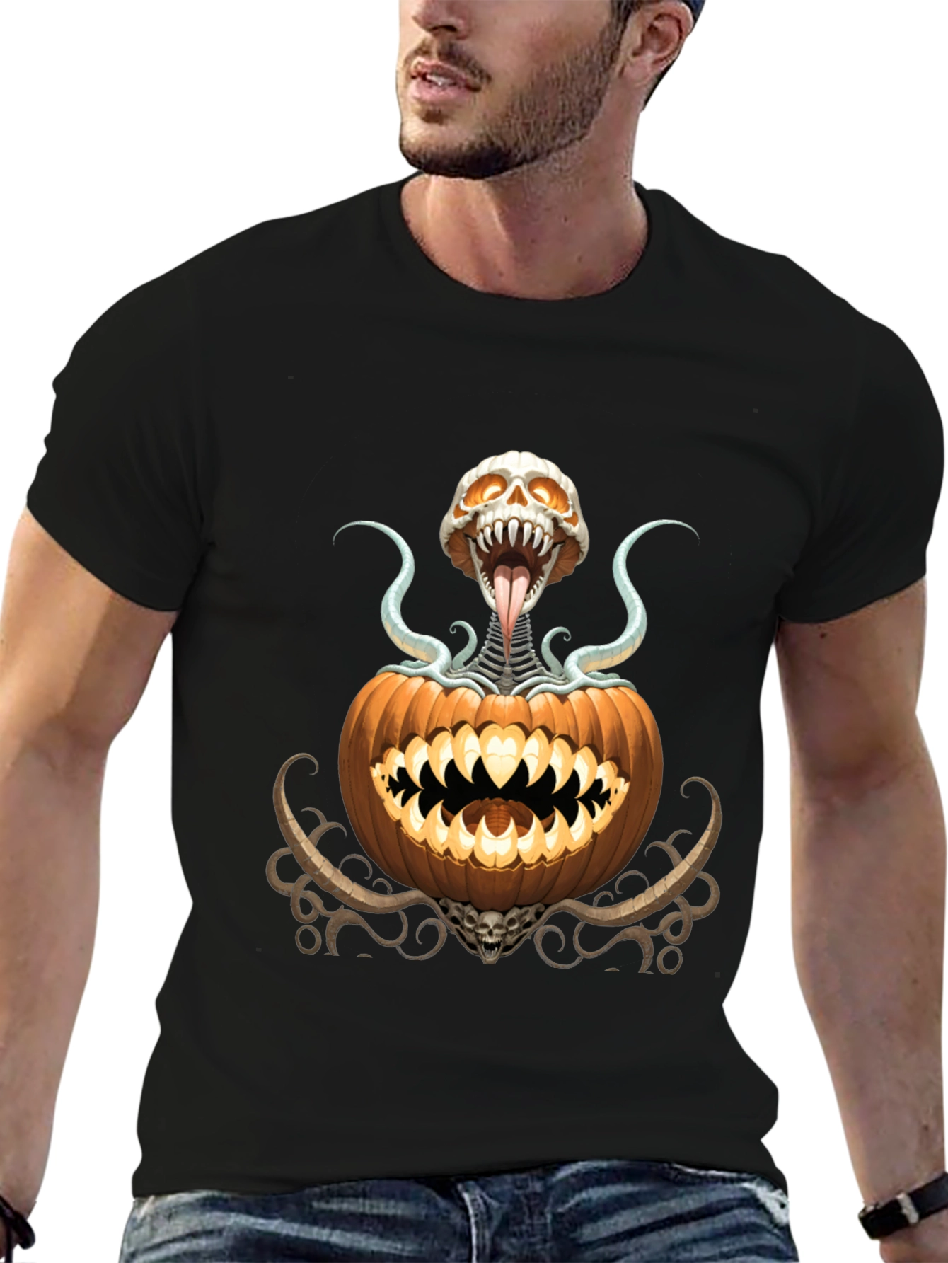 Spooky Pumpkin Skeleton Graphic T-Shirt