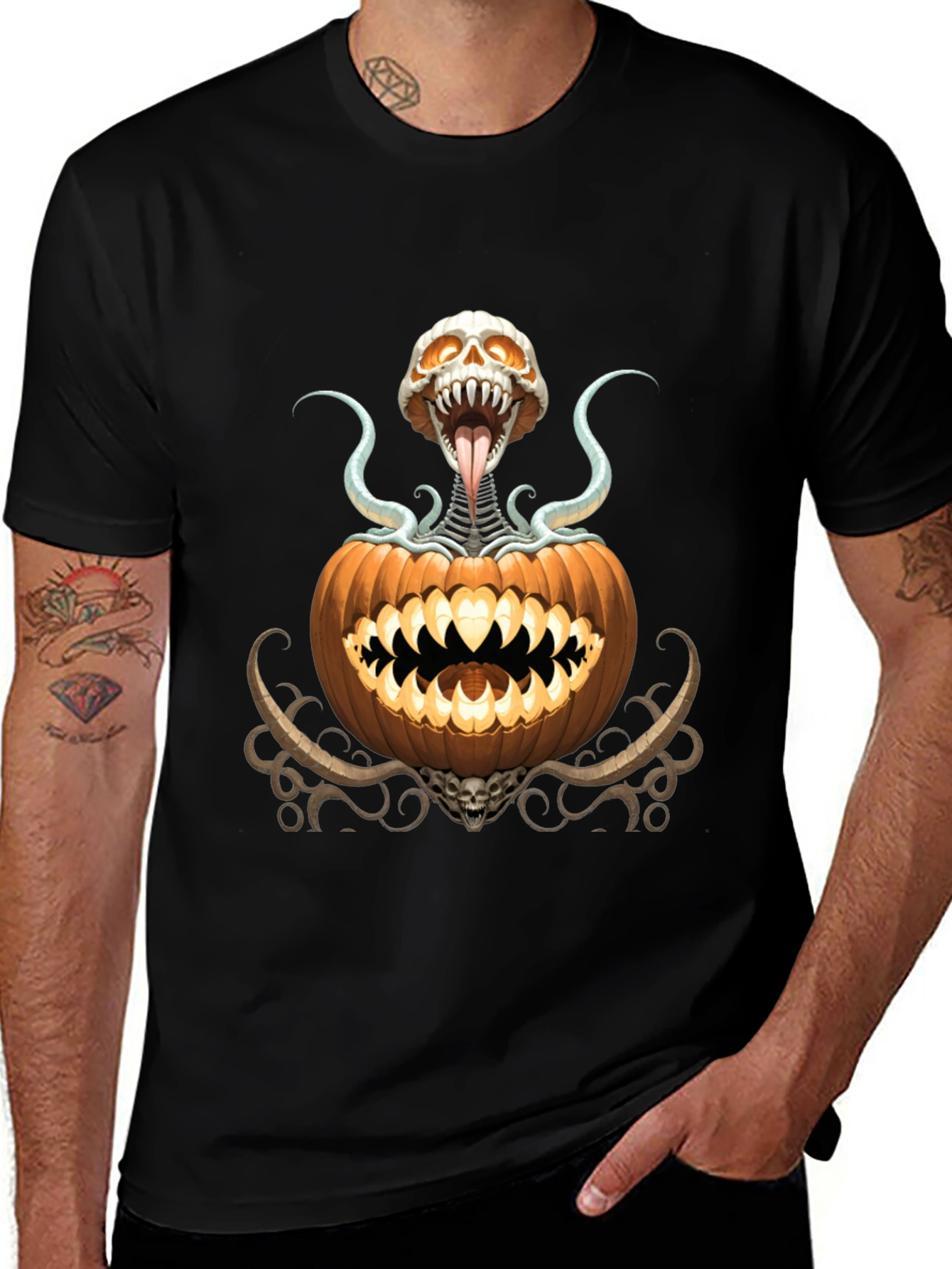 Spooky Pumpkin Skeleton Graphic T-Shirt