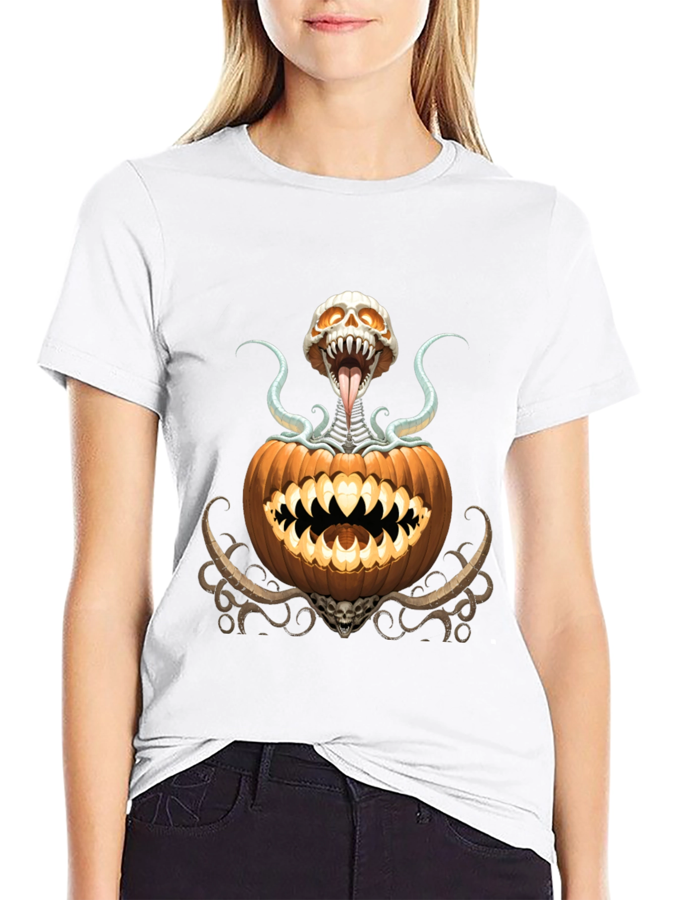 Spooky Pumpkin Skeleton Graphic T-Shirt