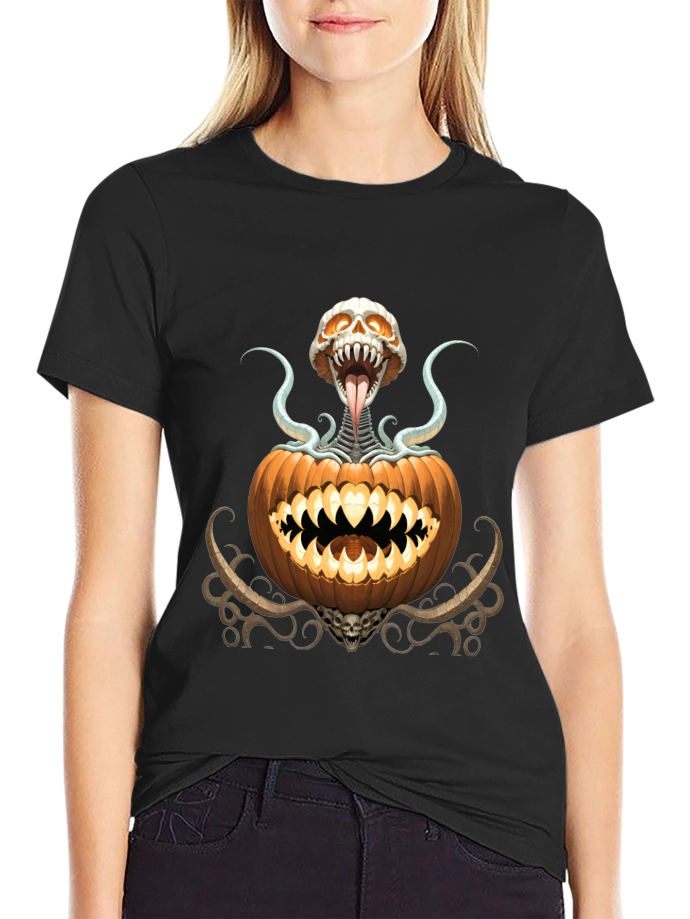 Spooky Pumpkin Skeleton Graphic T-Shirt