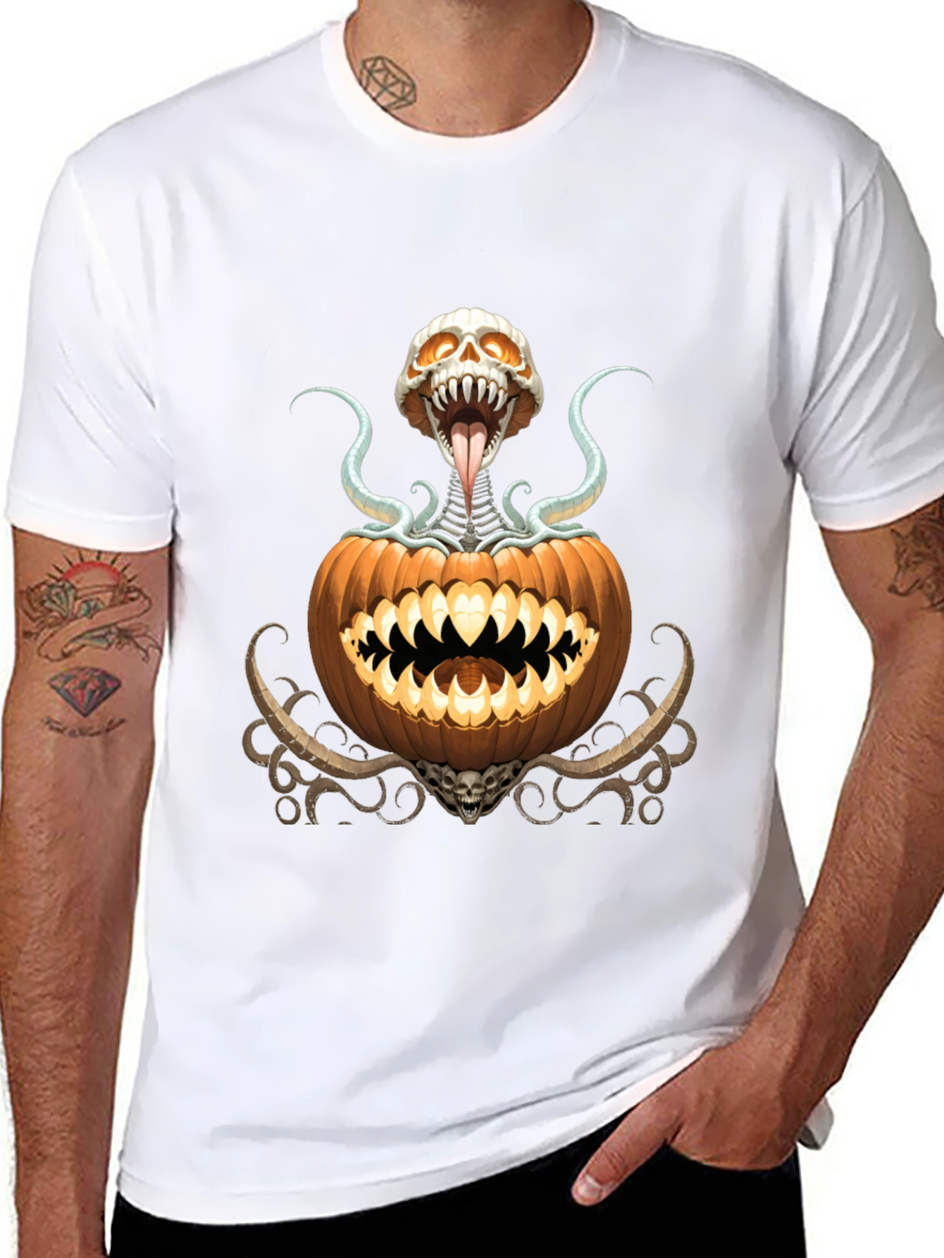 Spooky Pumpkin Skeleton Graphic T-Shirt