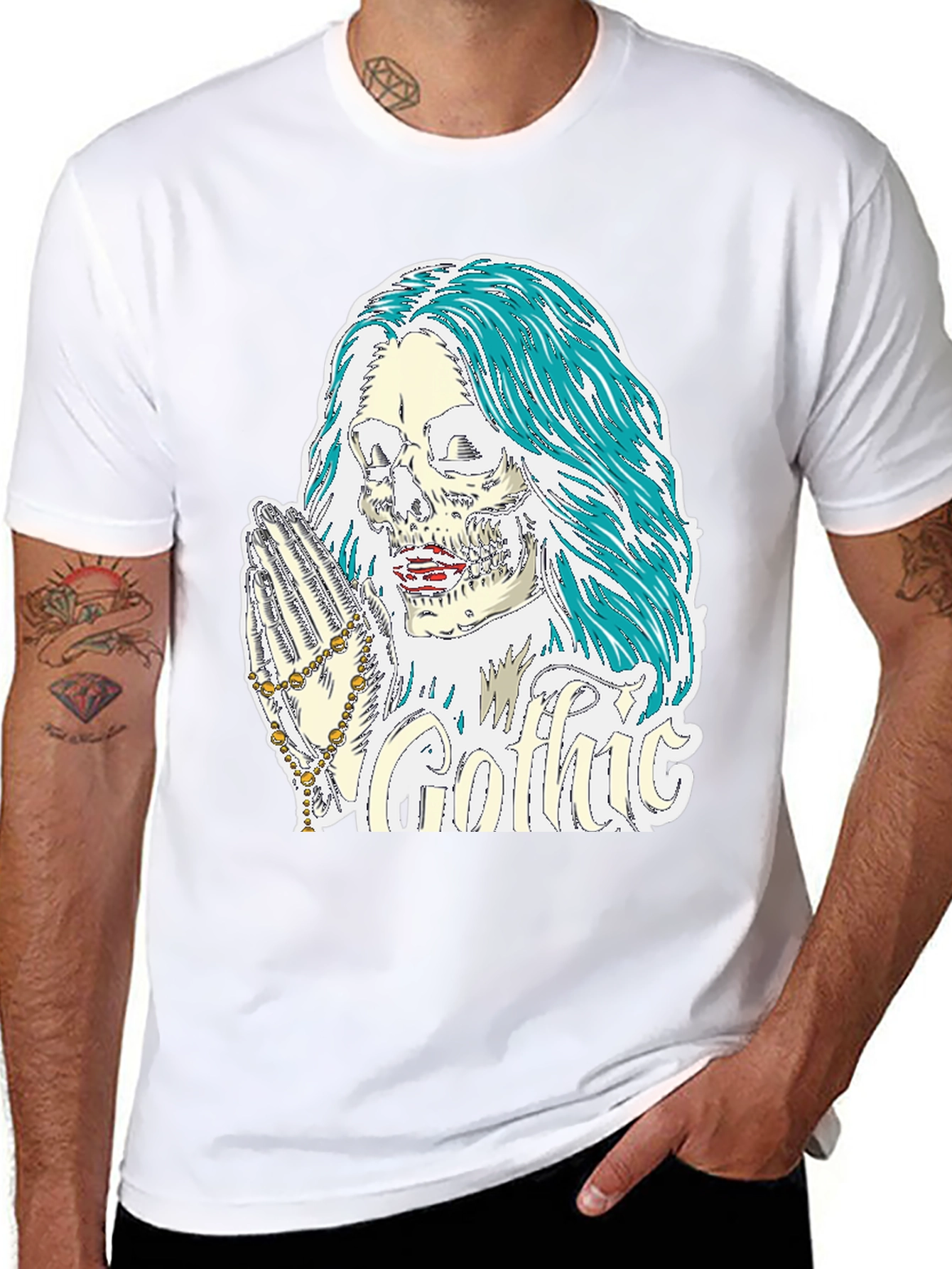 Gothic Skull Graphic Tee - Praying Skeleton