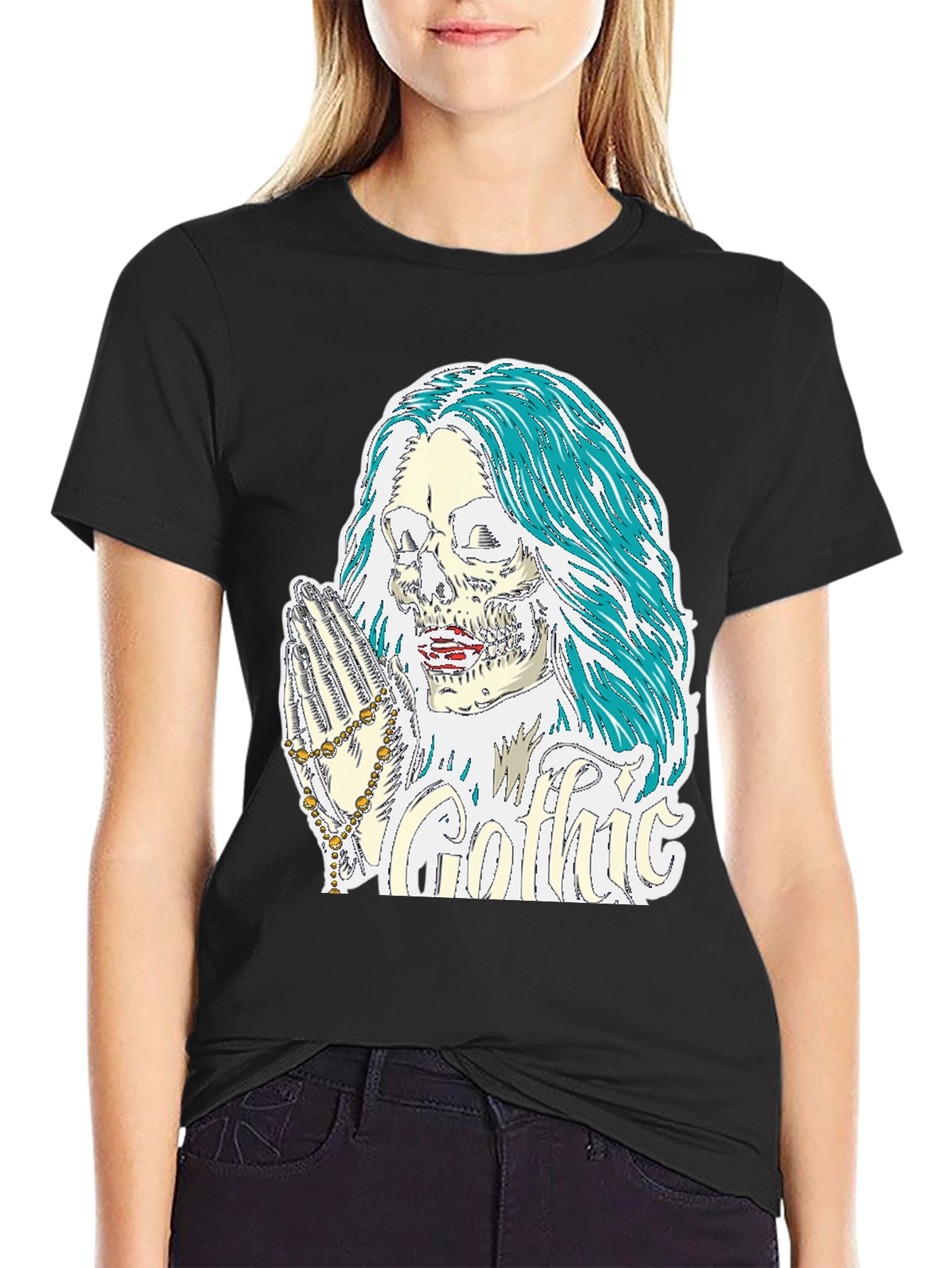 Gothic Skull Graphic Tee - Praying Skeleton