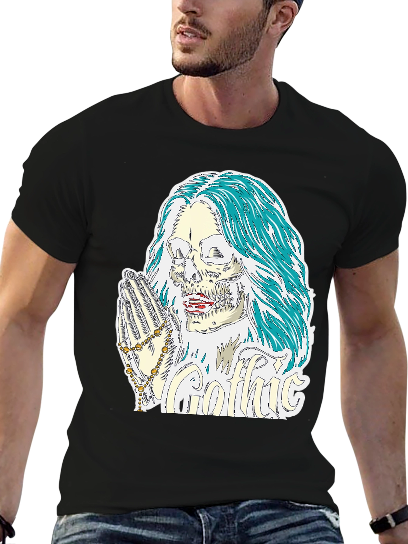 Gothic Skull Graphic Tee - Praying Skeleton