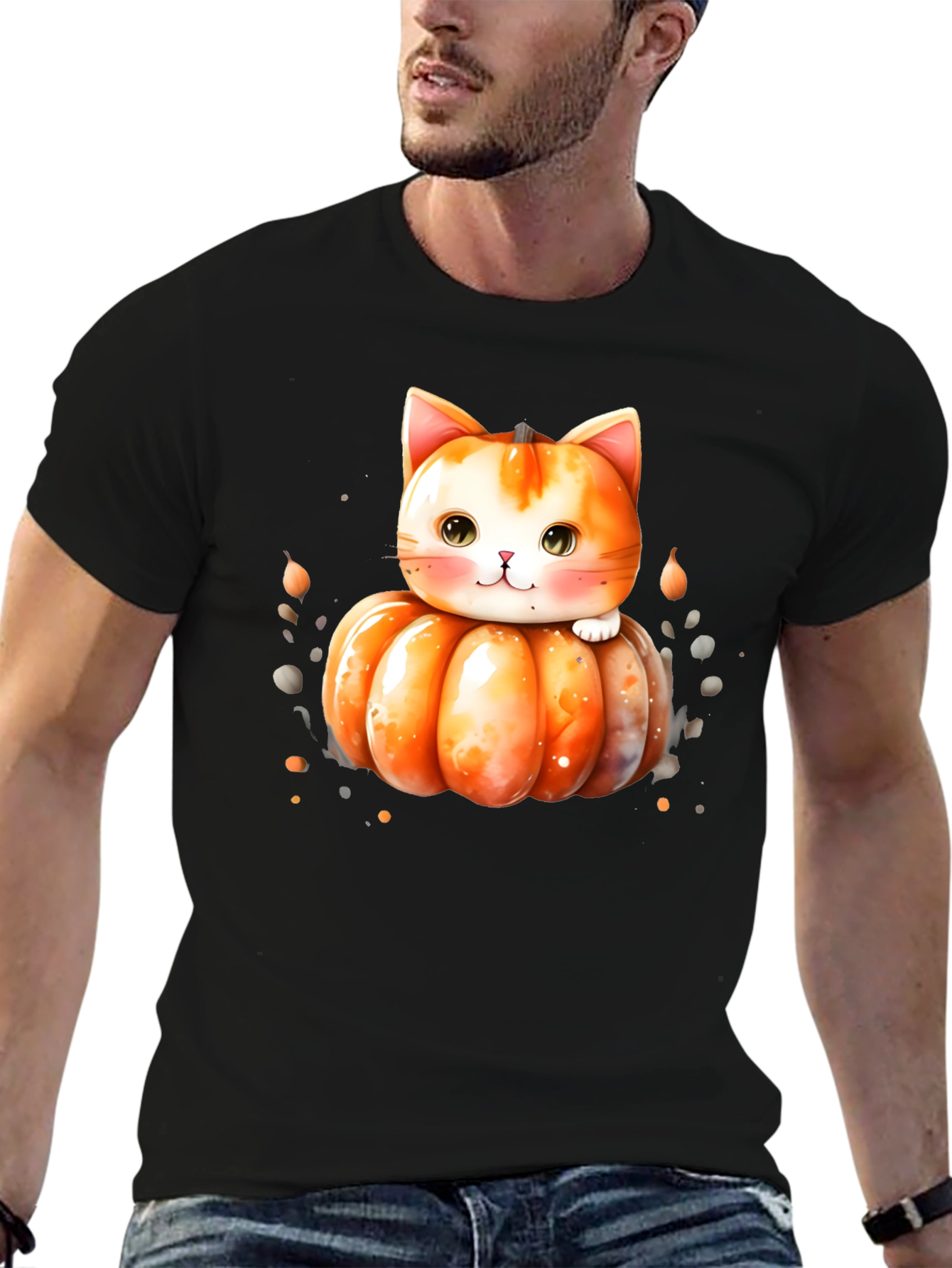 Cute Cat Pumpkin Halloween Black T-Shirt