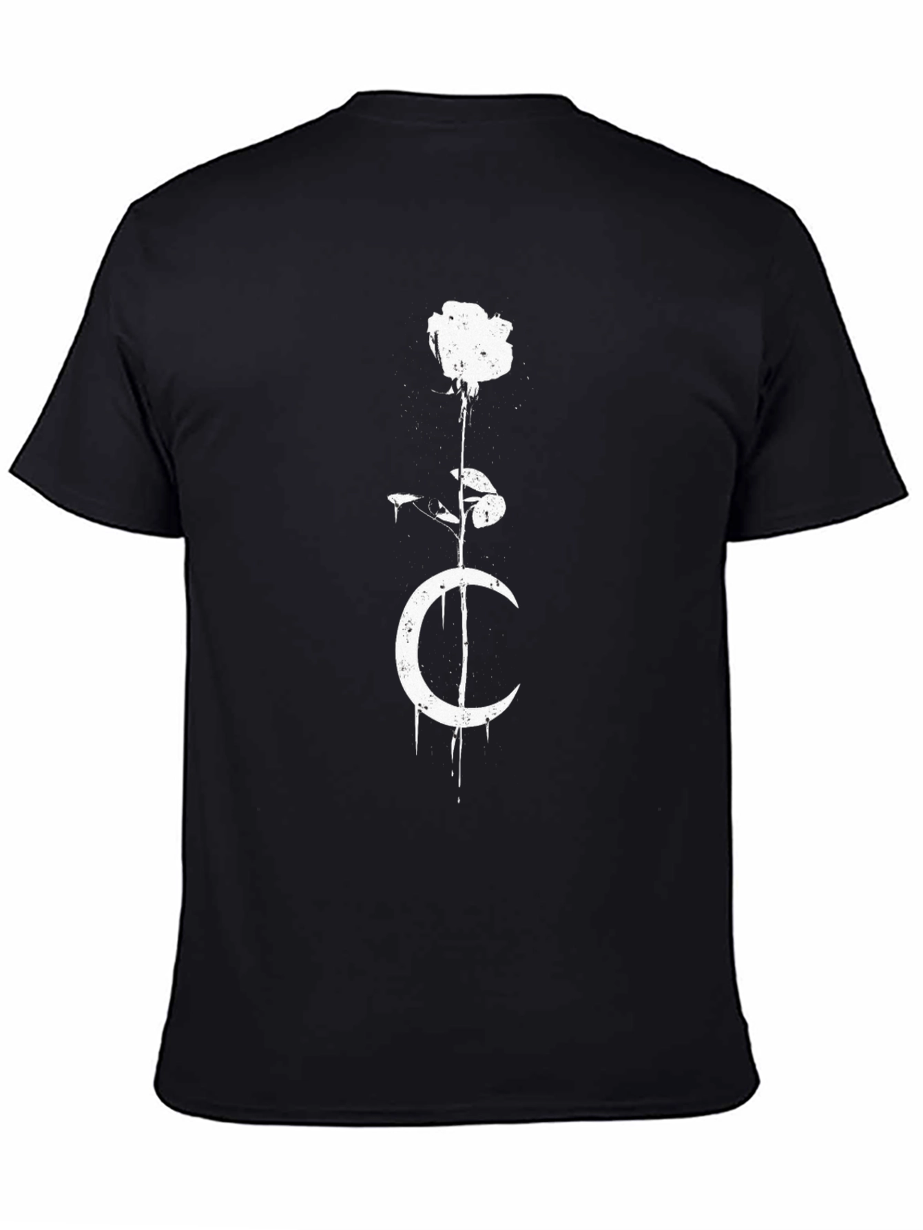 Mens Black T-Shirt with Rose and Moon Graphic