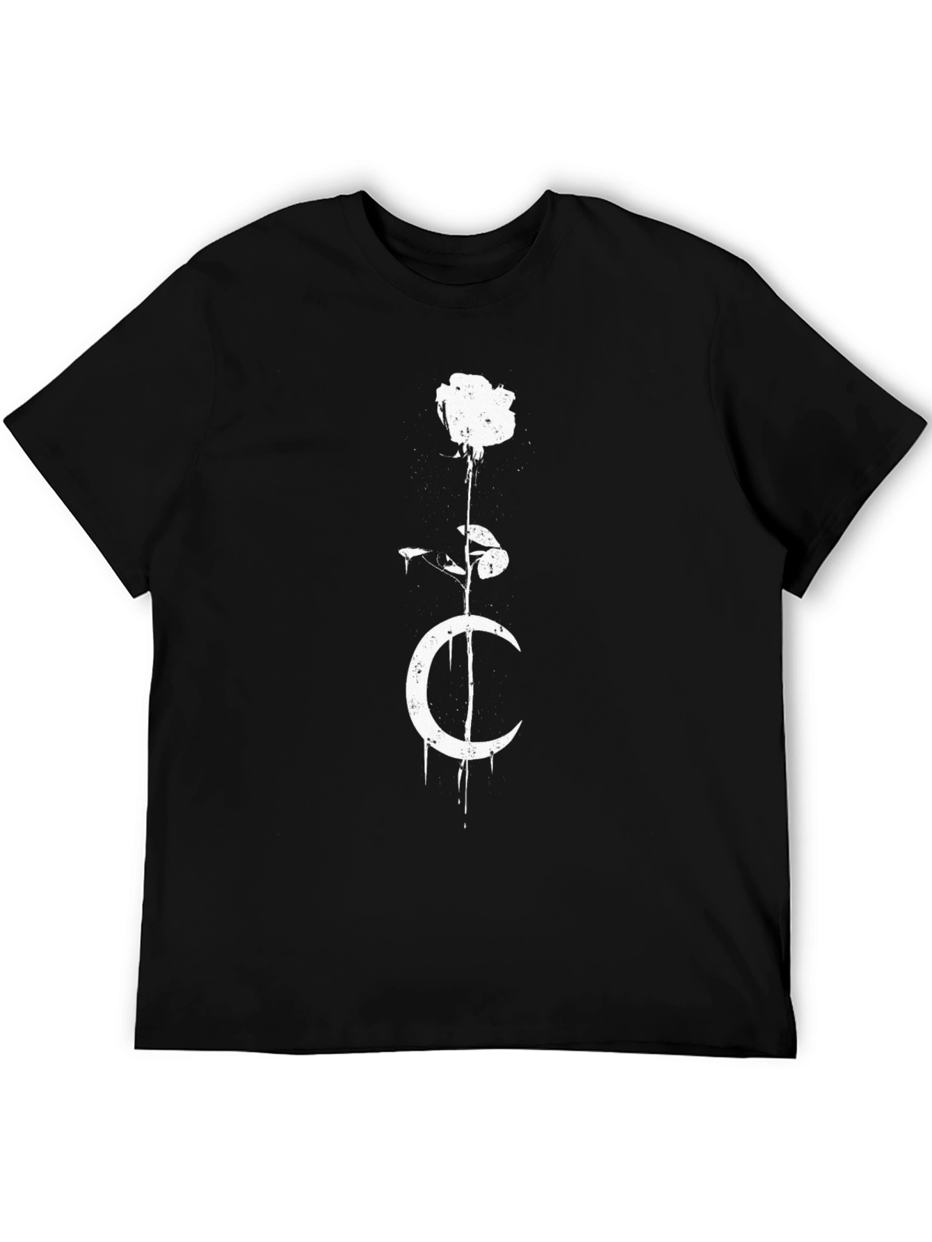 Mens Black T-Shirt with Rose and Moon Graphic