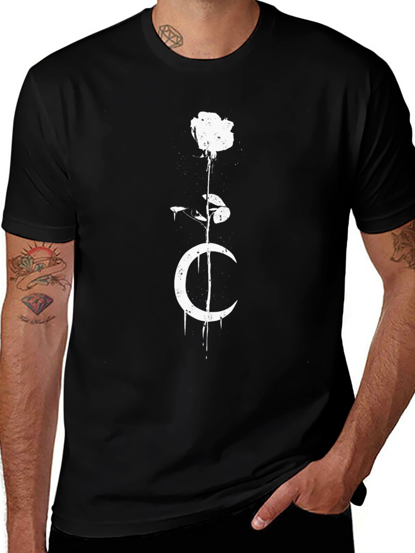 Mens Black T-Shirt with Rose and Moon Graphic