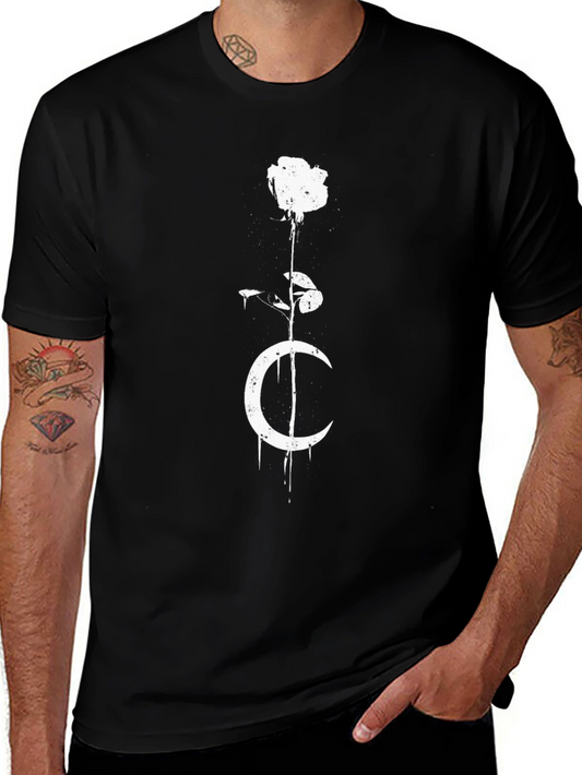 Mens Black T-Shirt with Rose and Moon Graphic