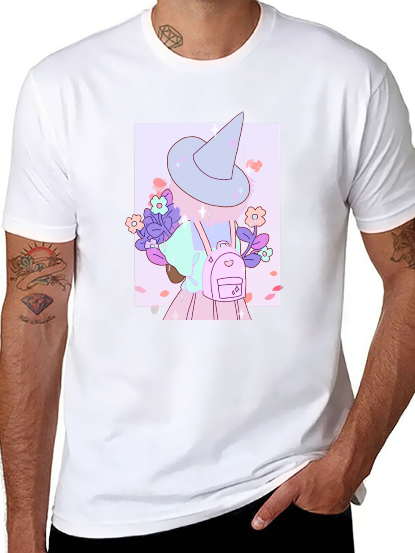Cute Anime Witch Graphic T-Shirt - Black Cotton