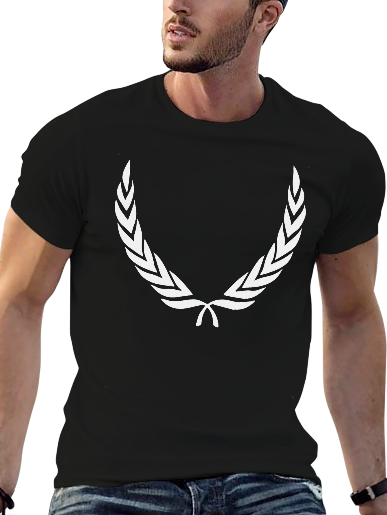 Mens Black T-Shirt with White Laurel Wreath Design