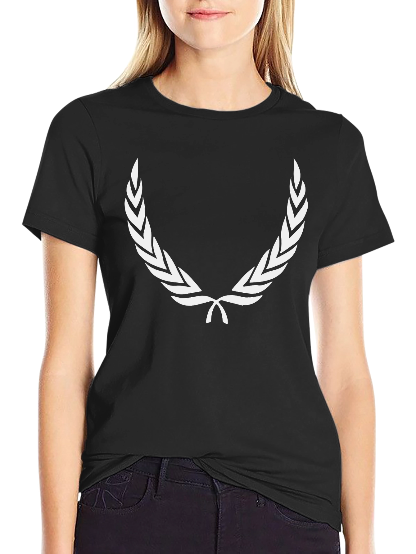 Mens Black T-Shirt with White Laurel Wreath Design