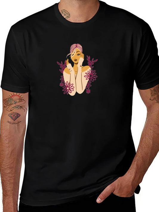 Floral Woman Graphic Tee - Stylish Black Cotton T-Shirt