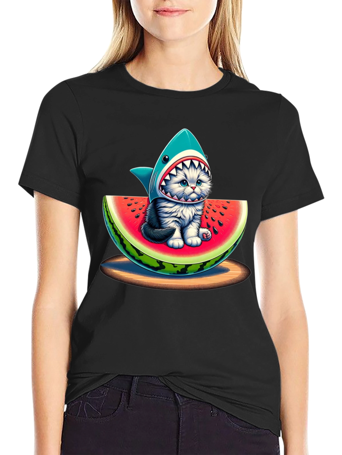 Shark Cat Watermelon Graphic T-Shirt