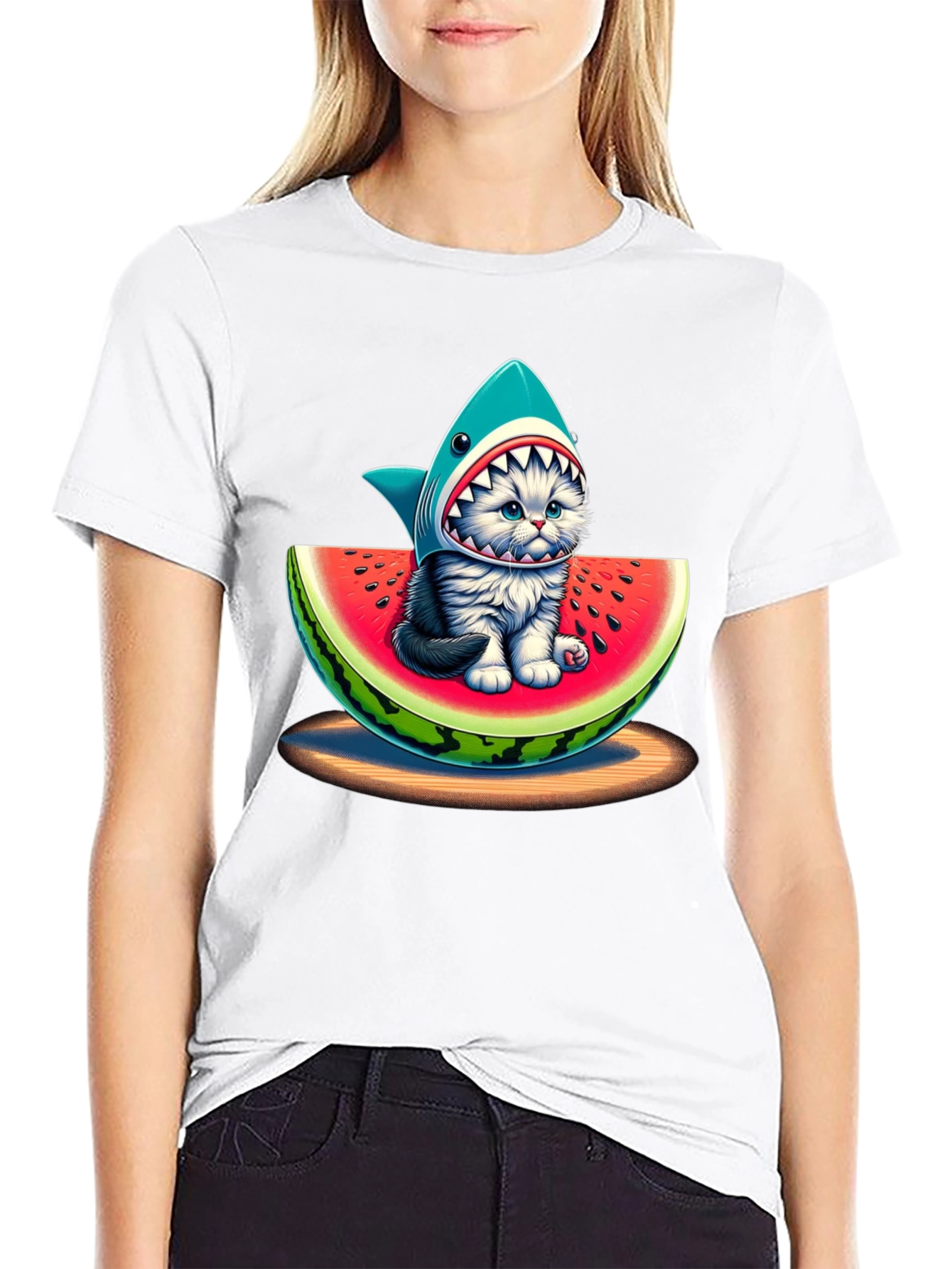 Shark Cat Watermelon Graphic T-Shirt