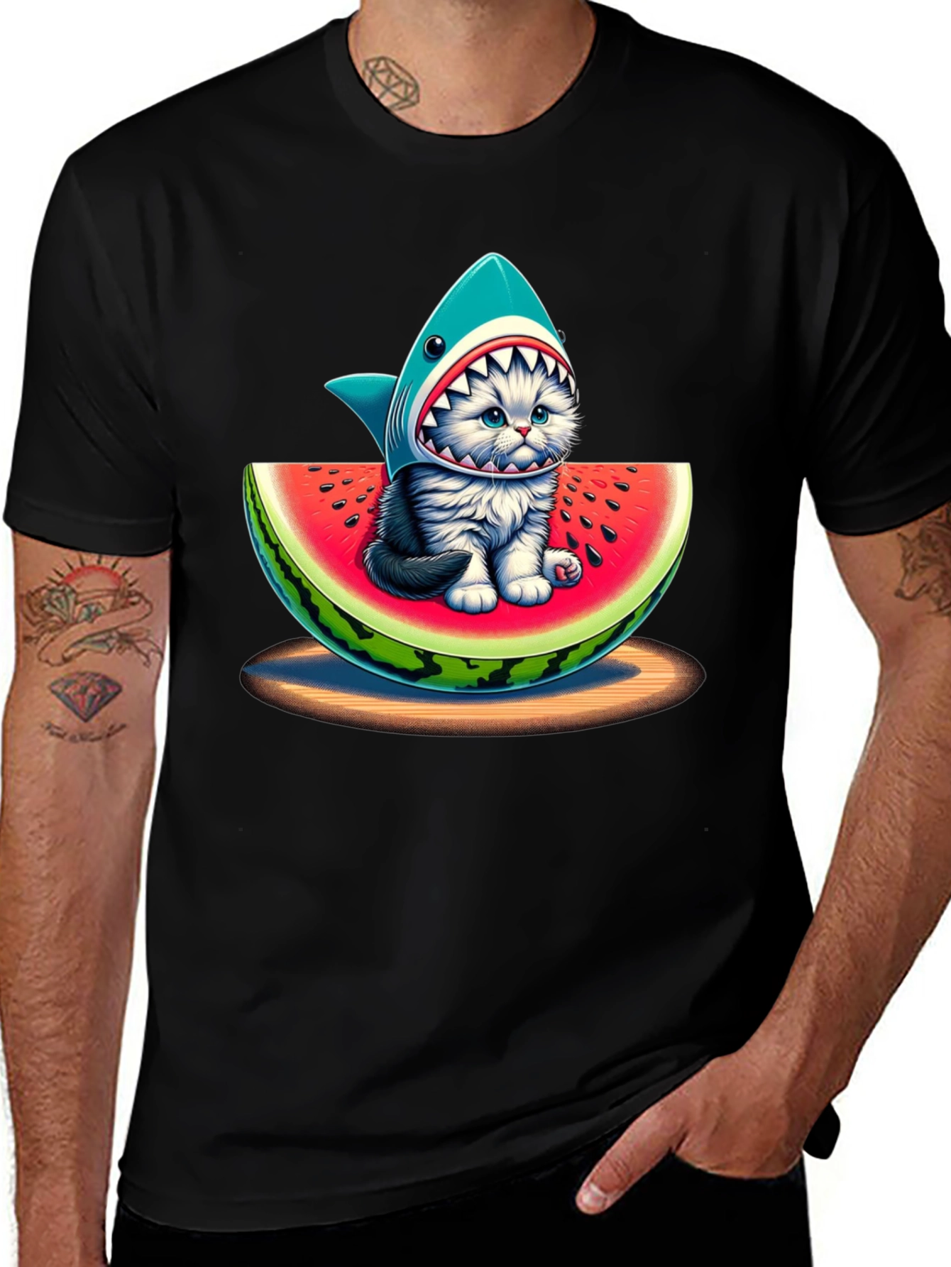 Shark Cat Watermelon Graphic T-Shirt